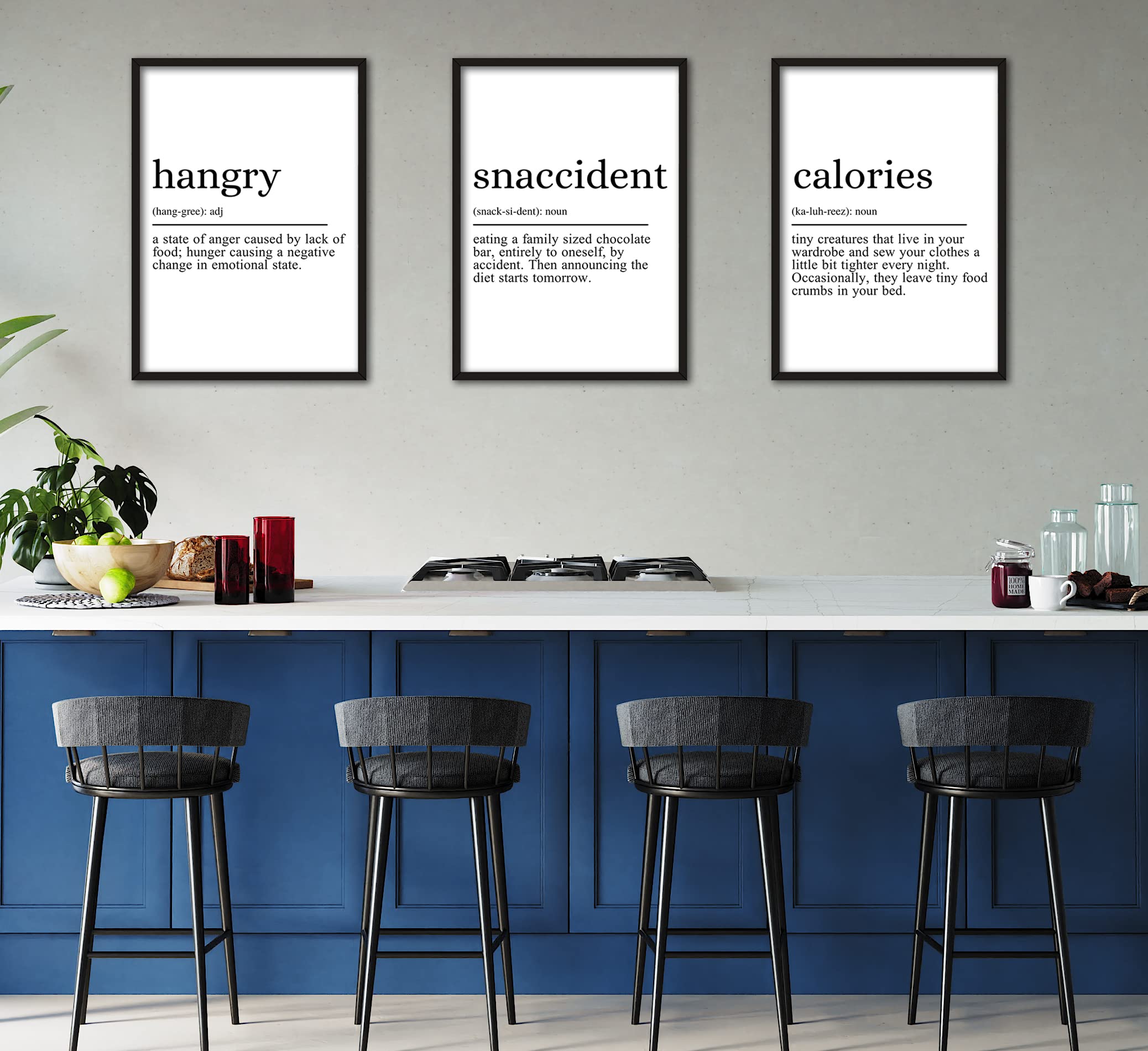 Hangry Snaccident Calories Quote set of 3 Unframed Prints, Kitchen Home Wall Art Decor, Hungry Kitchen Quote (A3)