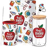Nuogo Teacher Appreciation Gifts for Women Iced Coffee Cup 16oz Glass Cup with Straw Stopper and Sleeve for Teacher's Day with Thank You Gift Box(Apple)