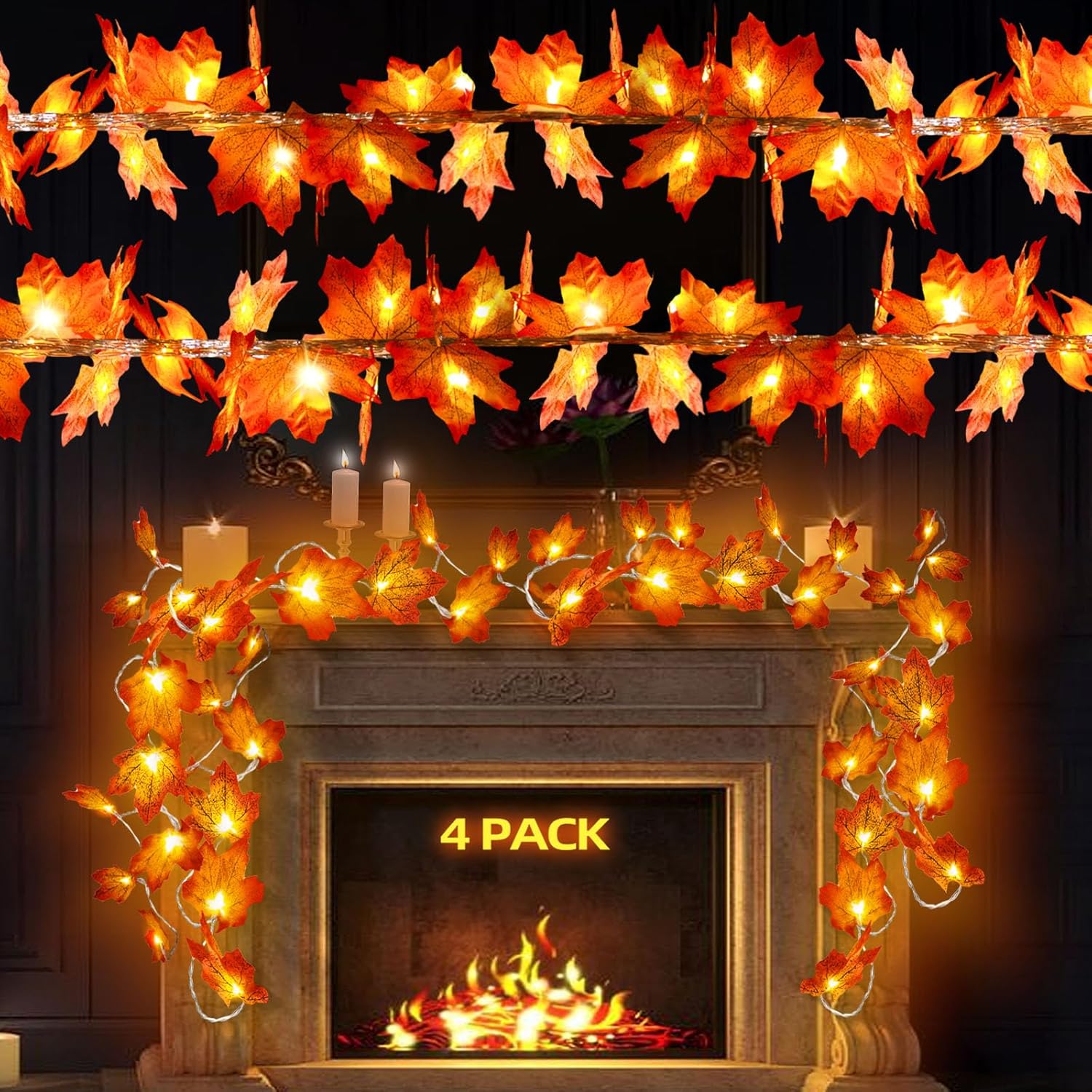 Wreaths, Garlands & Swags - ROTESONNE 40 FT 4 Pack Fall Decor Maple Leaves Garland String Lights, Total 80LED Halloween Decor Lighted Garland, Thanksgiving Decor, Fall Decorations for Home Porch, Fireplace and Staircase