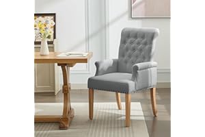 WUTUTUEE Fabric Dining Chair with Arms, Upholstered Tufted High Back Dining Room Chairs, Accent Armchair with Solid Wood Leg and Nailhead Trim, Kitchen Dining Living Room, Light Grey