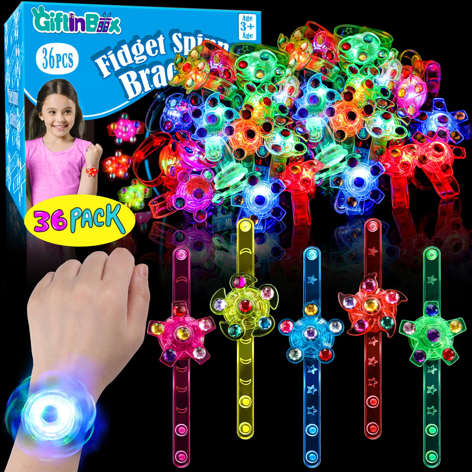 Photo 1 of 36 Pack LED Light Up Fidget Spinner Wristbands Party Favors for Kids 4-8 8-12, Glow in Party Supplies, Return Gifts for Kids Birthday Halloween