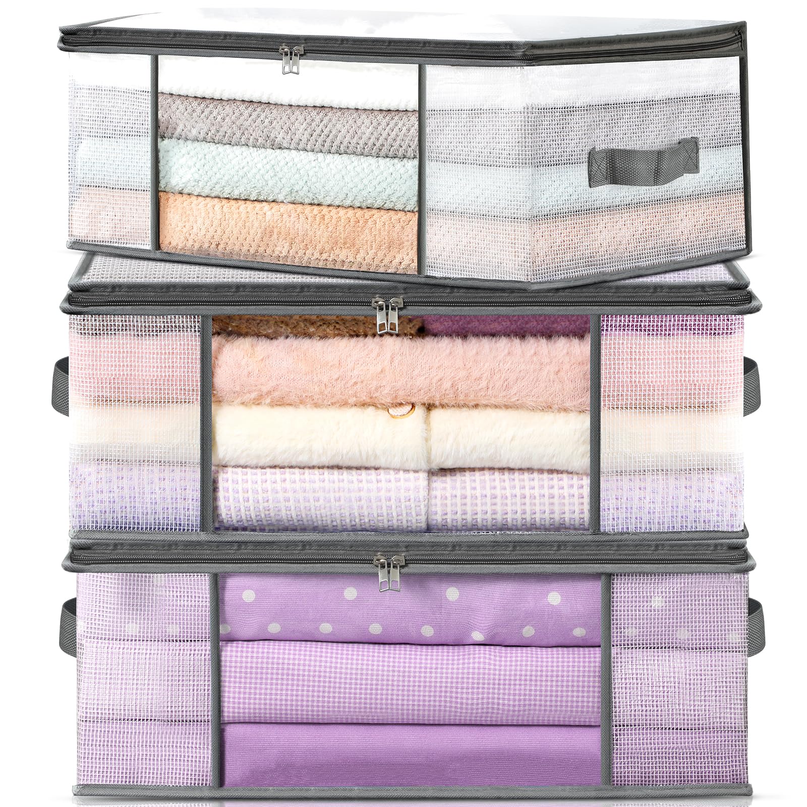 View 1 of LANDNEOO 3-Pack Clothes Storage Bags, Plastic Foldable Blanket Storage bins, Closet Organizer Container for Bedroom, Bedding, Comforters, Pillows, and Clothing - 35L with Handles