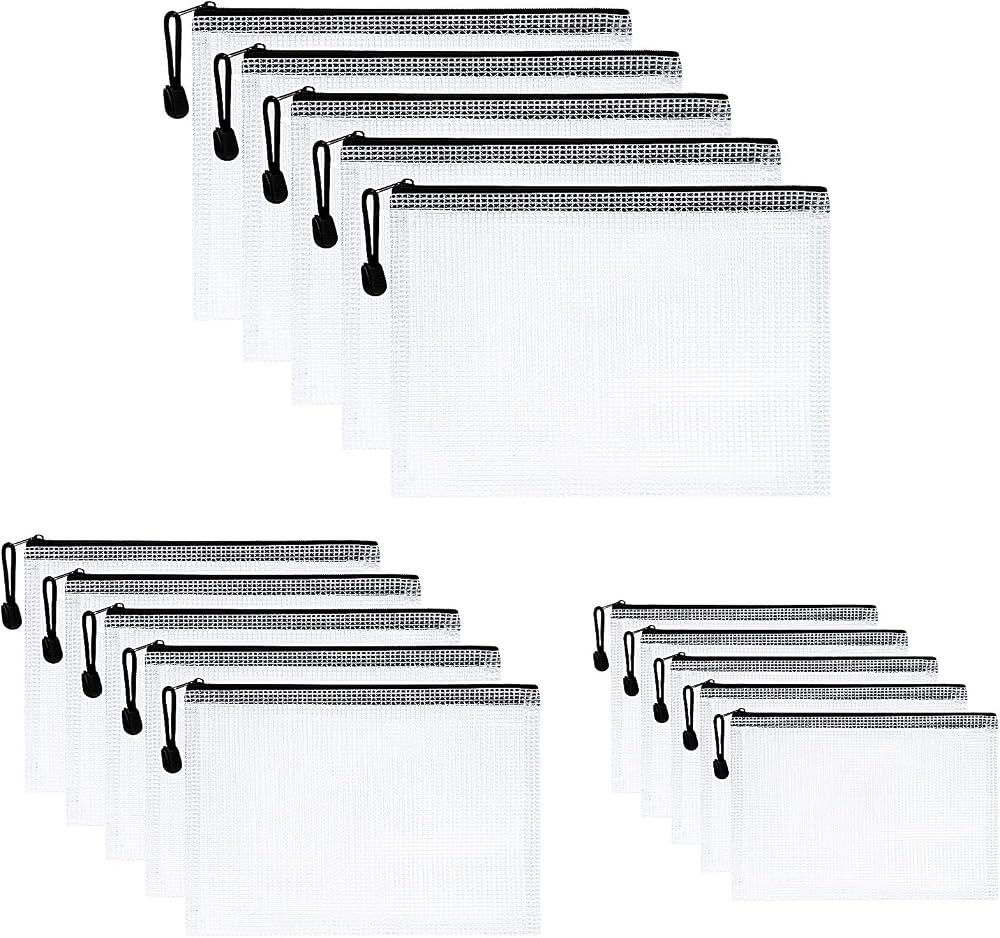 Vicloon 15Pcs Plastic Wallets A3 A4 A5 Zip File Pockets Mesh Bags