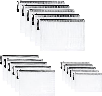 Vicloon 15Pcs Plastic Wallets A3 A4 A5 Zip File Pockets Mesh Bags