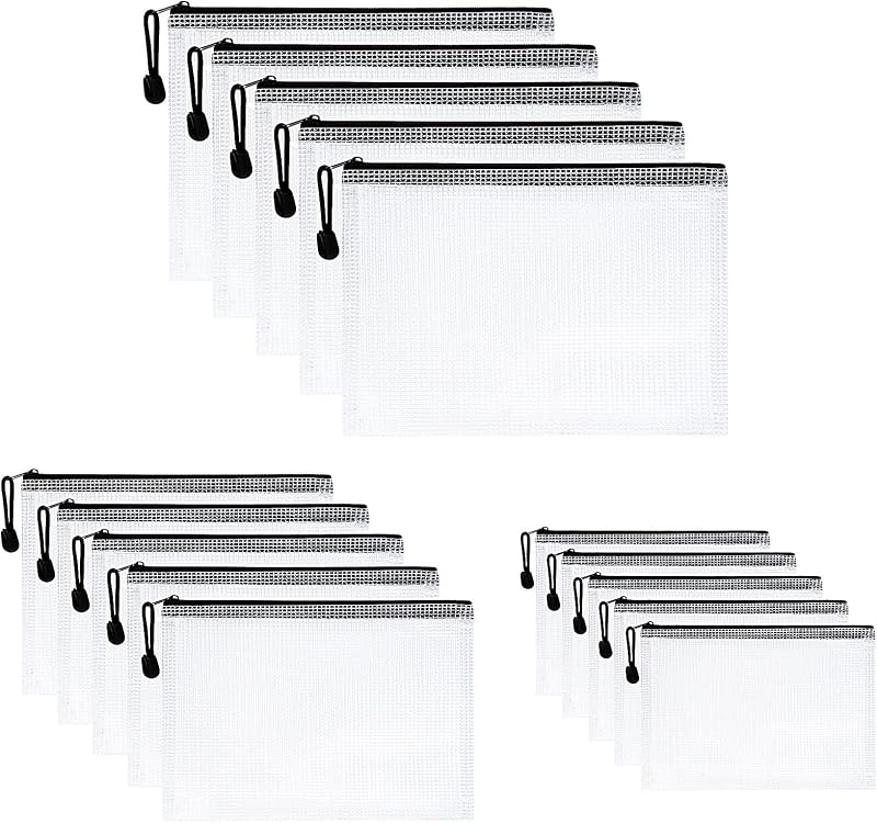 Vicloon 15Pcs Plastic Wallets A3 A4 A5 Zip File Pockets Mesh Bags