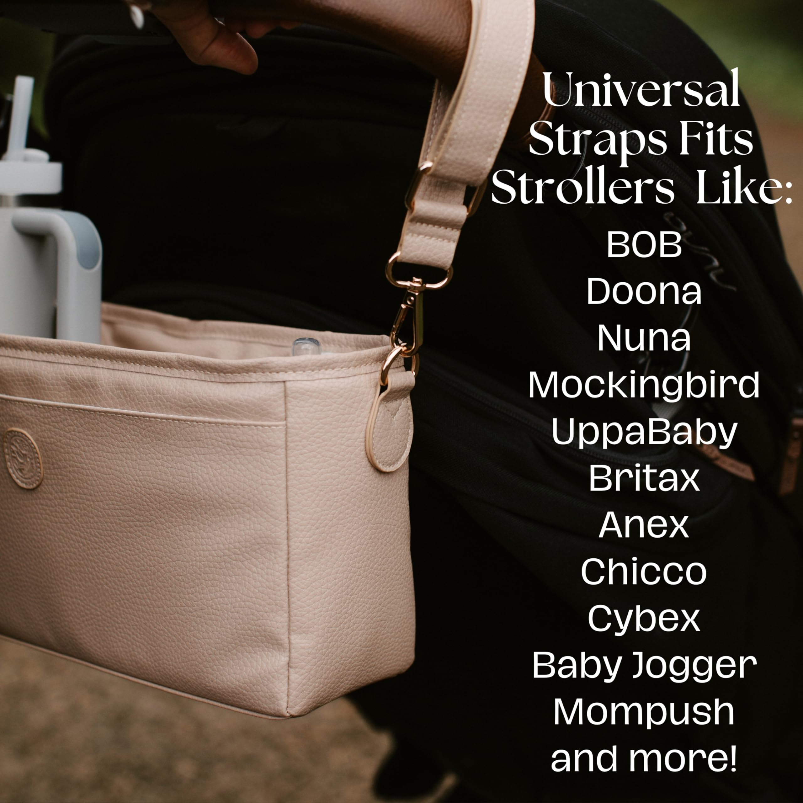 Vegan Leather Stroller Caddy with Cup Holder - Universal Stroller Organizer with Cup Holder, 4 Built-In Pockets, Shoulder Strap, Stroller Cup Holder fits Mockingbird, UppaBaby, Nuna, BOB, and More