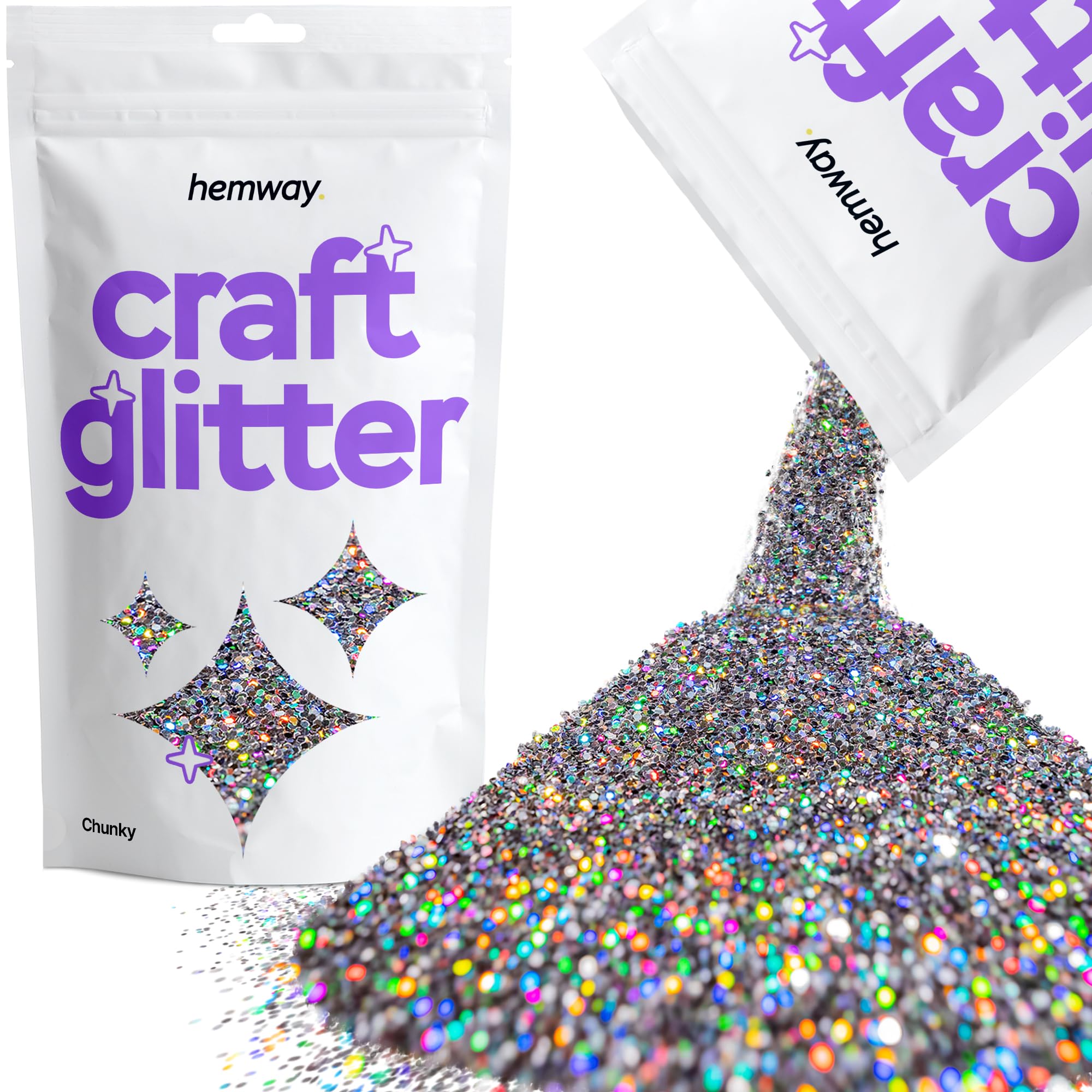Hemway Craft Glitter Gun Metal Grey Holographic 100g Chunky Glitter for Crafts, Resin, Cosmetic, Nail, Face, Body, Festival, Tumblers, Art, Candle, Crafting