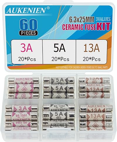 AUKENIEN BS1362 Fuse Assortment 3A 5A 13A 60pcs 240V 6.3x25mm Ceramic