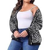 Agnes Orinda Plus Size Sequin Jackets for Women Sparkle Long Sleeve Front Zip Bomber Jacket with Pockets 3X Silver