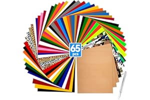Ohuhu 65 Pack Heat Transfer Vinyls, with 50pcs 20 Assorted Colors HTV Vinyl Sheets, 4 Leopard Pattern HTV, 4 Camouflage Iron 