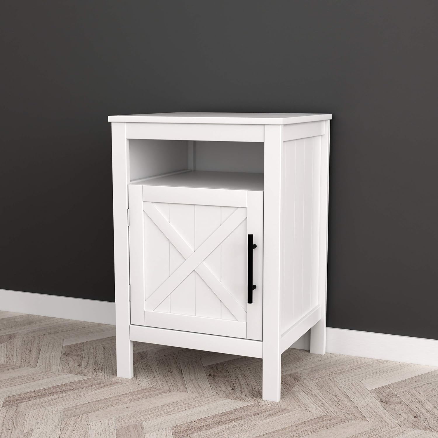 White Finish Nightstand Side End Table with Door and Open Shelf