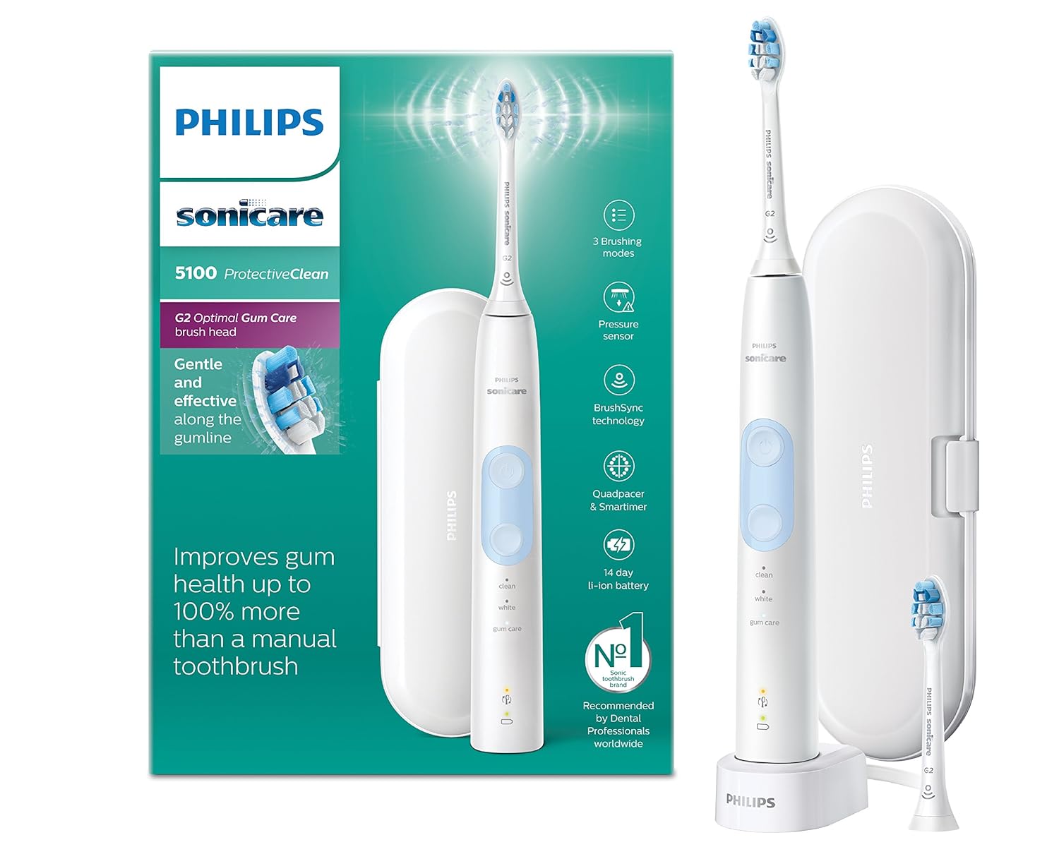 Philips Sonicare ProtectiveClean 5100 Electric Toothbrush with Travel Case,  3 x Cleaning Modes & Additional Toothbrush Head - White (UK 2-pin Bathroom  Plug) ...