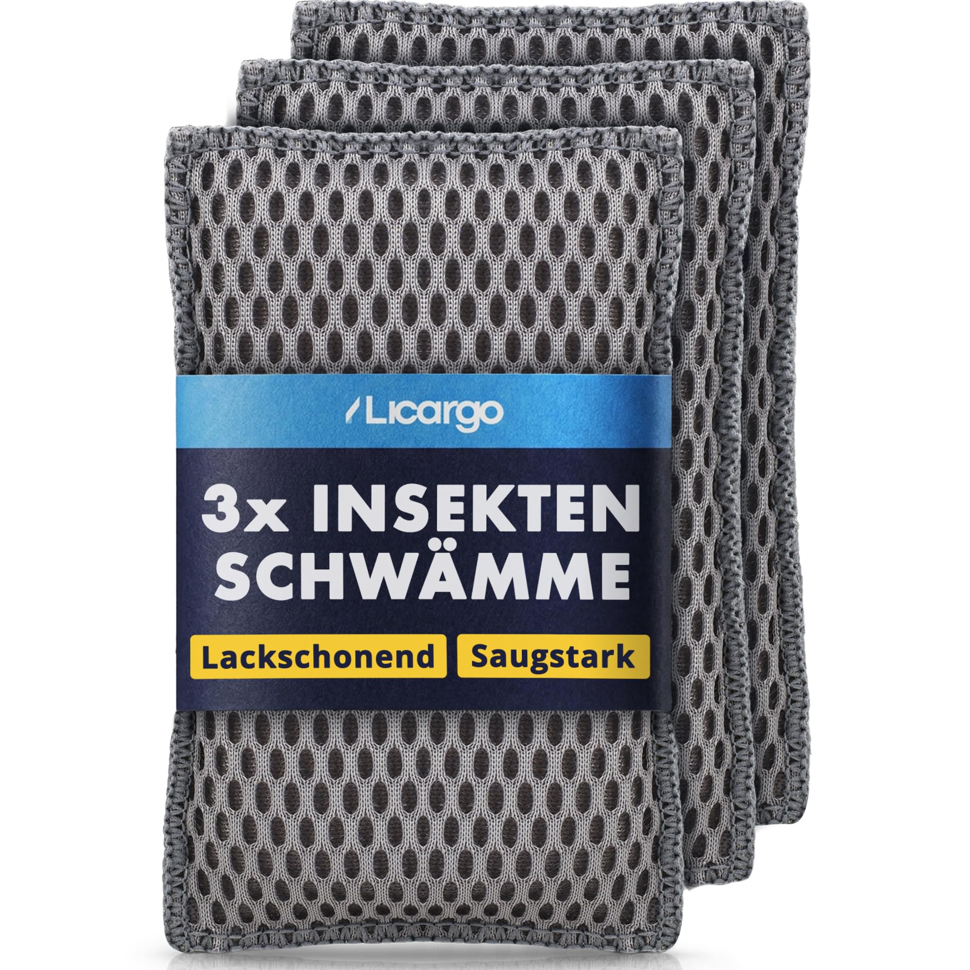 LICARGO Insektenschwamm Auto 3er Set – Mikrofaser-Waben für lackschonende Reinigung – Entfernt Insektenreste, Vogelkot & Baumharz von Glas, Lack & Kunststoff – Fliegenschwamm Auto 13 x 8 cm