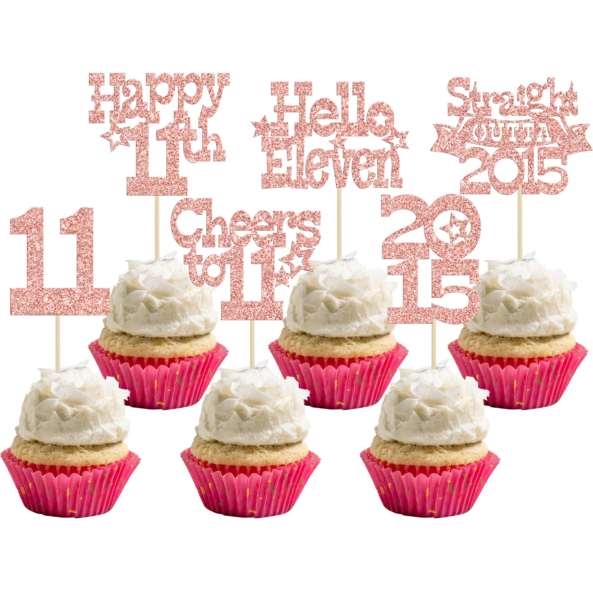 Ephlyn 30Pcs Happy 11th Birthday Cupcake Toppers Glitter Eleven Straight Outta 2015 Cupcake Picks Cheers to 11 Years Cake Decorations for 11th Birthday Party Supplies Rose Gold
