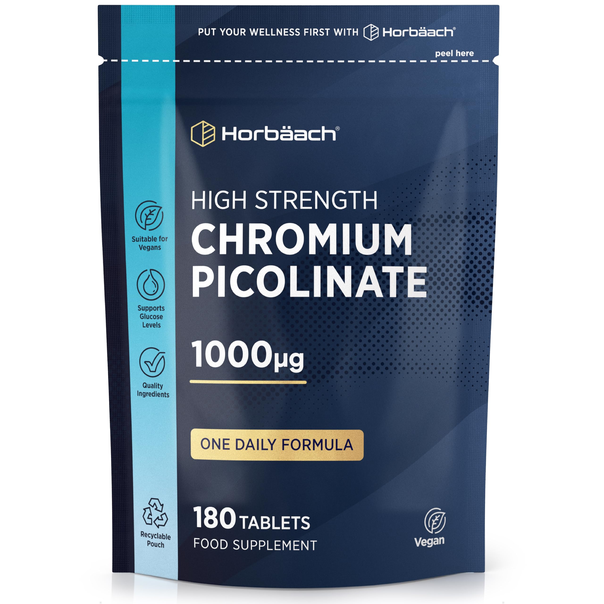 Chromium Picolinate 1000mcg | High Strength Chromium Supplement | 180 Vegan Tablets - 6 Months Supply | by Horbaach