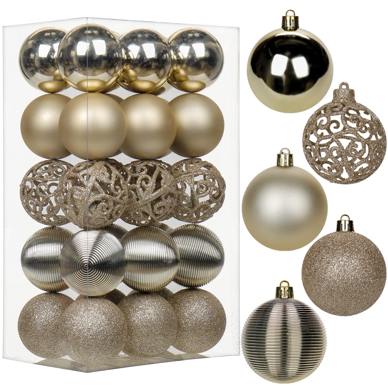 30 pcs Christmas Baubles Xmas Ball Ornaments with Strings, 60mm/2.4" Champagne Gold Shatterproof Plastic Hanging Decorations, Christmas Tree Pendants for Home Party Wedding Holiday