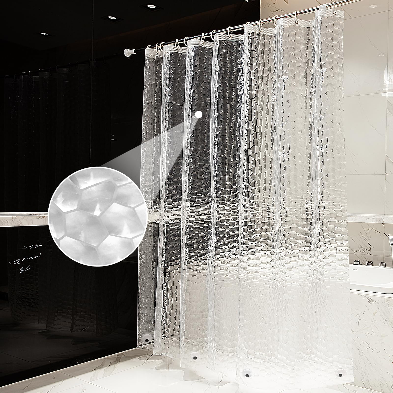 OTraki Shower Curtain Semi Transparent 180 x 200 cm Anti-Mould Washable EVA Bath Curtain Waterproof 3D Bathroom Curtain with 12 Rings No PVC