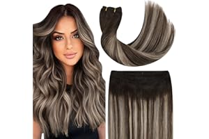 Ugeat 22inch Sew in Hair Extensions Human Hair Brown Weft Hair Extensions Dark Brown with Ash Blonde Balayage Hand Tied Weft Hair Extensions Double Weft 105G