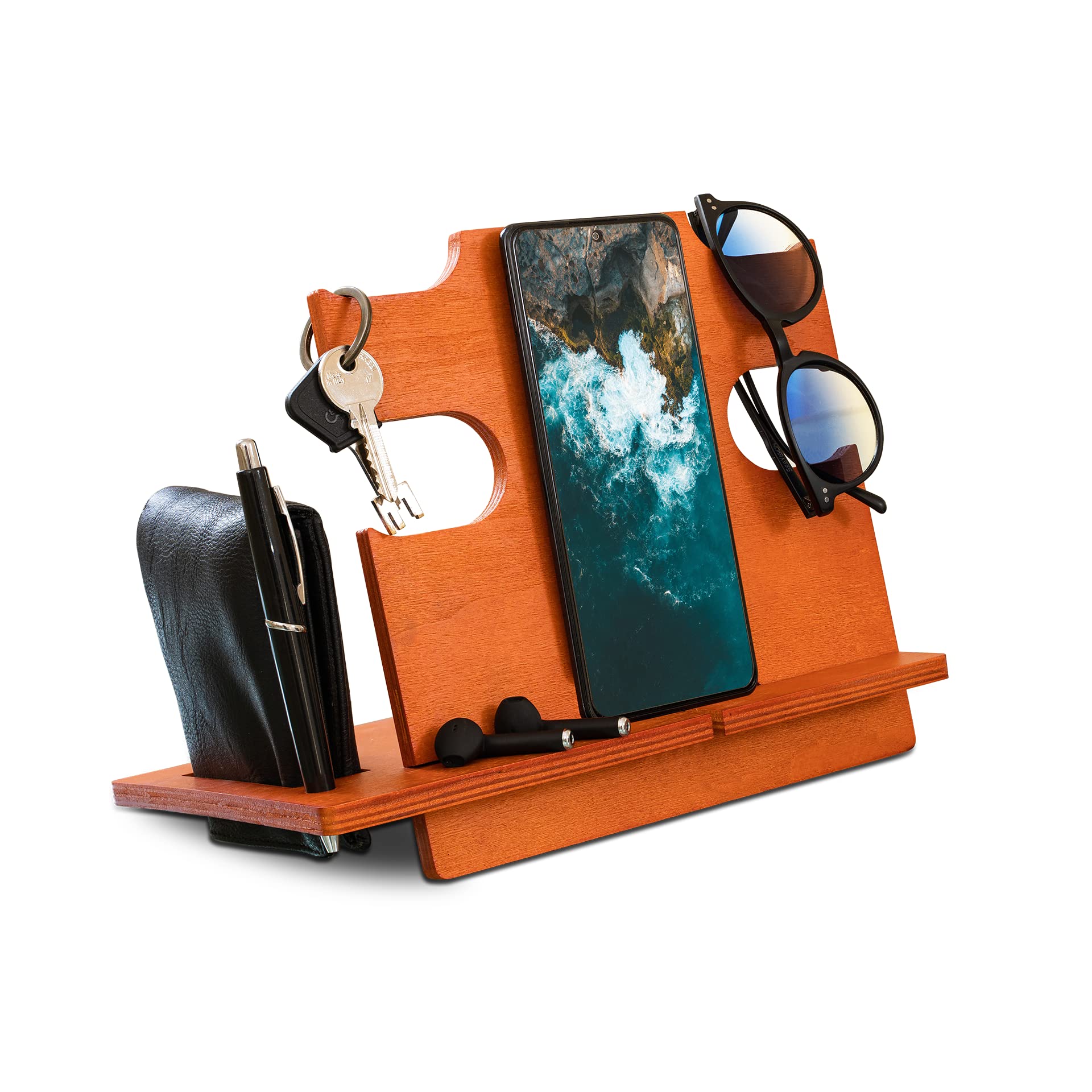 LAC EVERYTHING EVERYWHERE Wooden Docking Station - Mens Birthday Gifts - Desk or Bedside Organiser for Him - Presents for Dad or Husband Anniversary (Cherry)