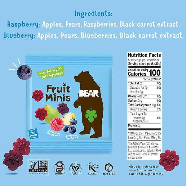 BEAR FRUIT SNACK MINIS – BITE-SIZED SNACKS FOR KIDS – GLUTEN FREE, VEGAN, NON-GMO – RASPBERRY/BLUEBERRY 0.7OZ (1 COUNT)