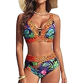 Hanna Nikole Womens High Waisted Bikini Sets Floral Print, 2 Piece Swimsuits Cutout, V Neck Bathing Suits Sexy Swimwear