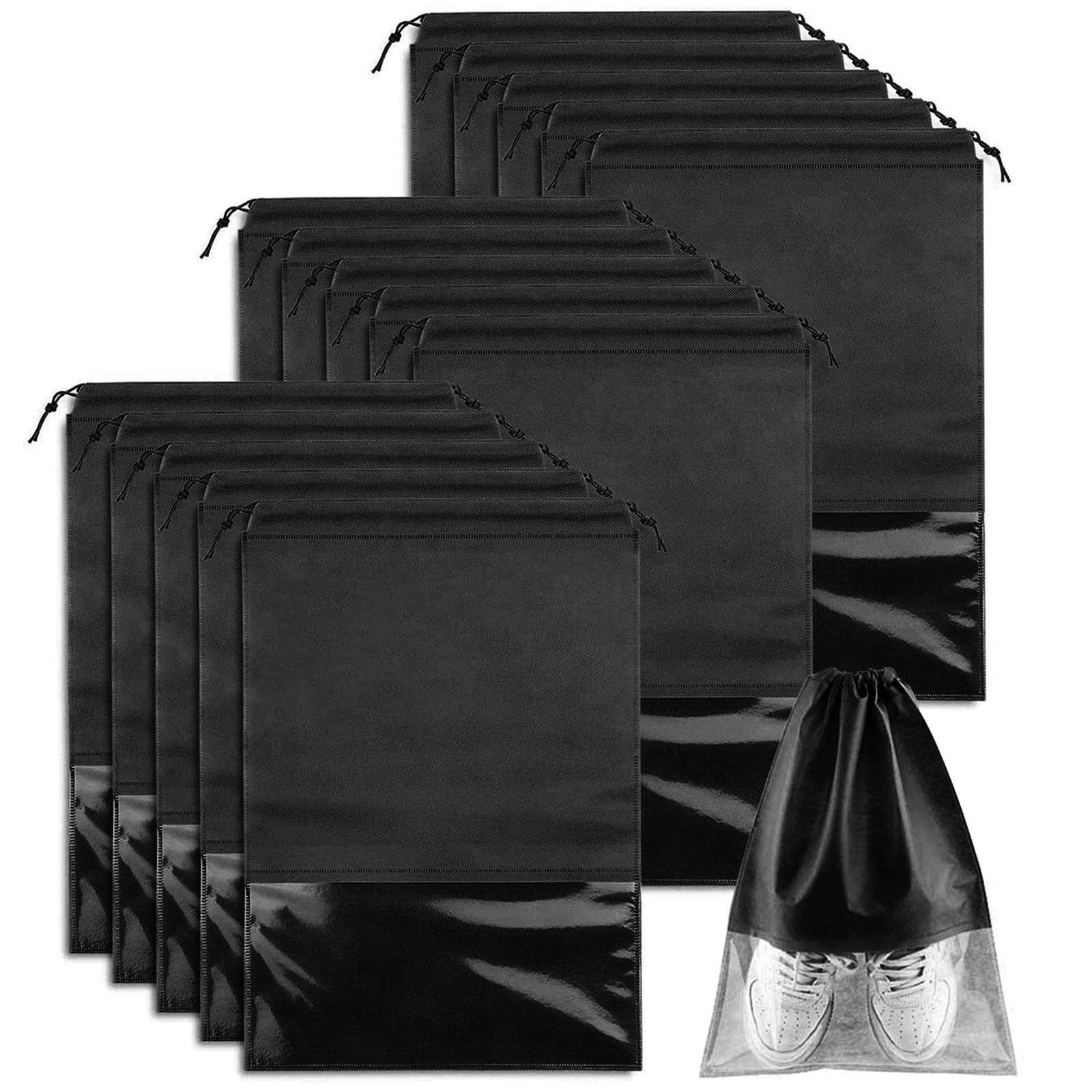 15 PCS Travel Shoe Bag, Large Portable Drawstring Shoes Storage Bags Non-Woven Dust Proof Pouch Space Saving Organizer with Transparent Slot for Men Women Daily and Travel Use (Black) — image 1