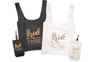 Pop Fizz Designs Bachelorette Favor Bags - Foldable Bride Tribe Reusable Totes and Matching Keychains, Black - 7 Count (Pack 