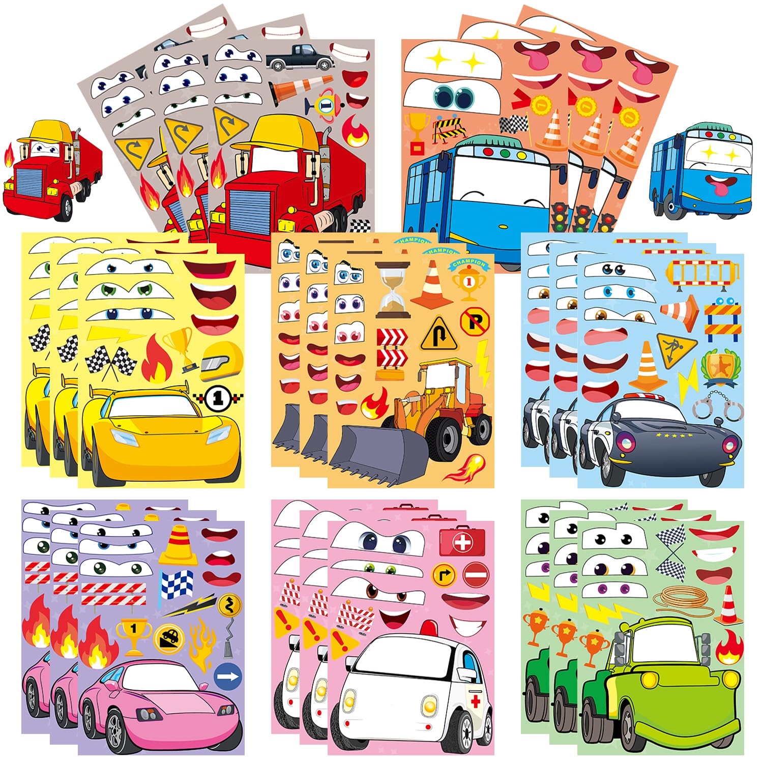 Photo 1 of 24 Sheets Make Your Own Stickers Make A Face Stickers for Kids Toddlers with Fire Truck Tractor Police Car Bus Racing Car DIY Craft Kids Party Favor Supplies Crafts