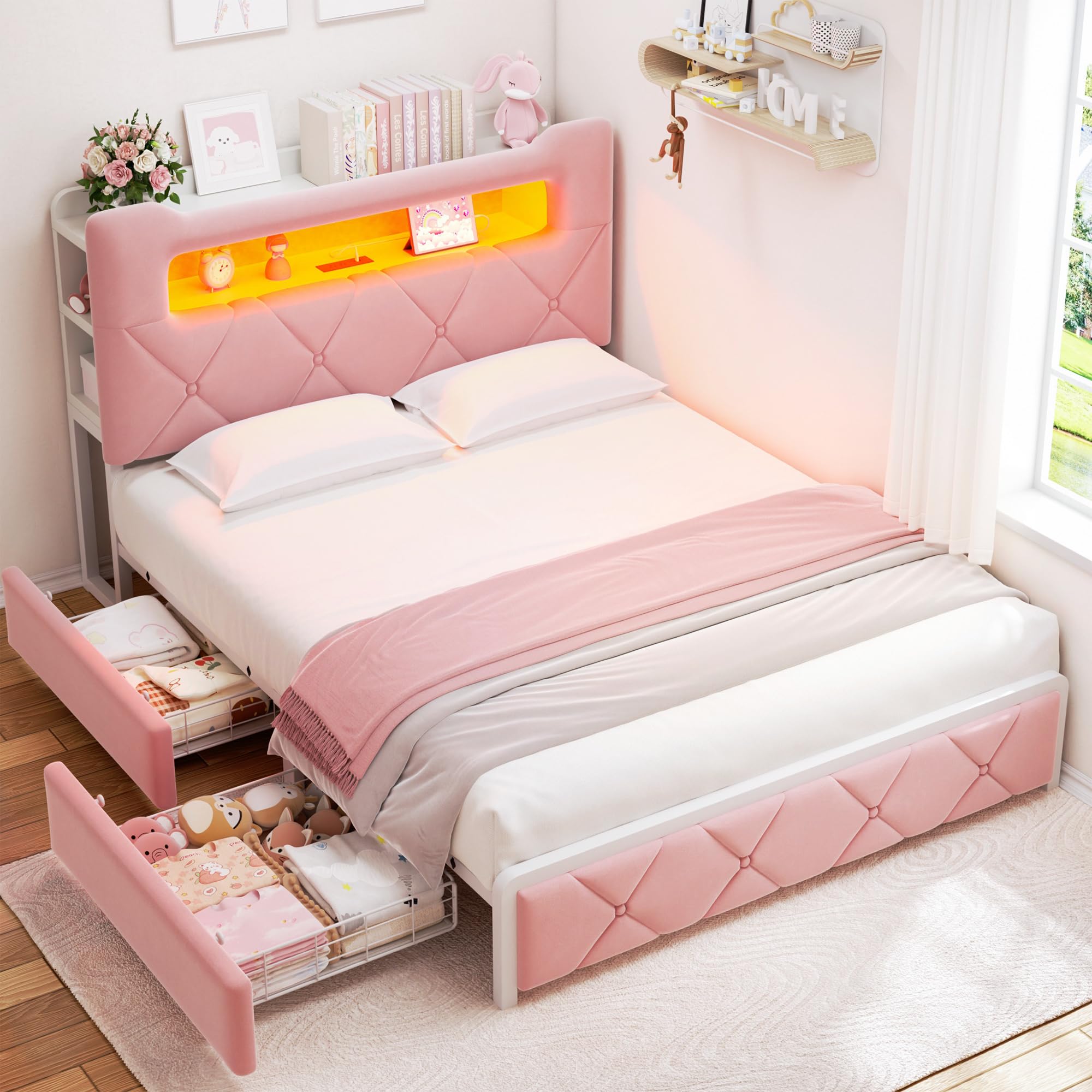 Photo 1 of Queen Upholstered LED Bed Frame with 2 Storage Drawers and 2-Tier Storage Headboard,Velvet Princess Platform Bed with Charging Station & Bookcase,Heavy Duty Metal Support,No Box Spring Needed,Pink
