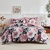 Joyreap 7 Piece Bed in a Bag Queen, Floral Comforter Sheet Set, Tie-dye Pink Flowers on Black Design, All Season Microfiber Bedding Comforter Set