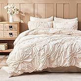 Jameswish Beige Comforter Set Queen Size Bed in A Bag 7 Piece Pinch Pleat Bedding Set, Pintuck Ruched Flowers Bed Set with Comforter, Sheets, Pillowcases & Shams