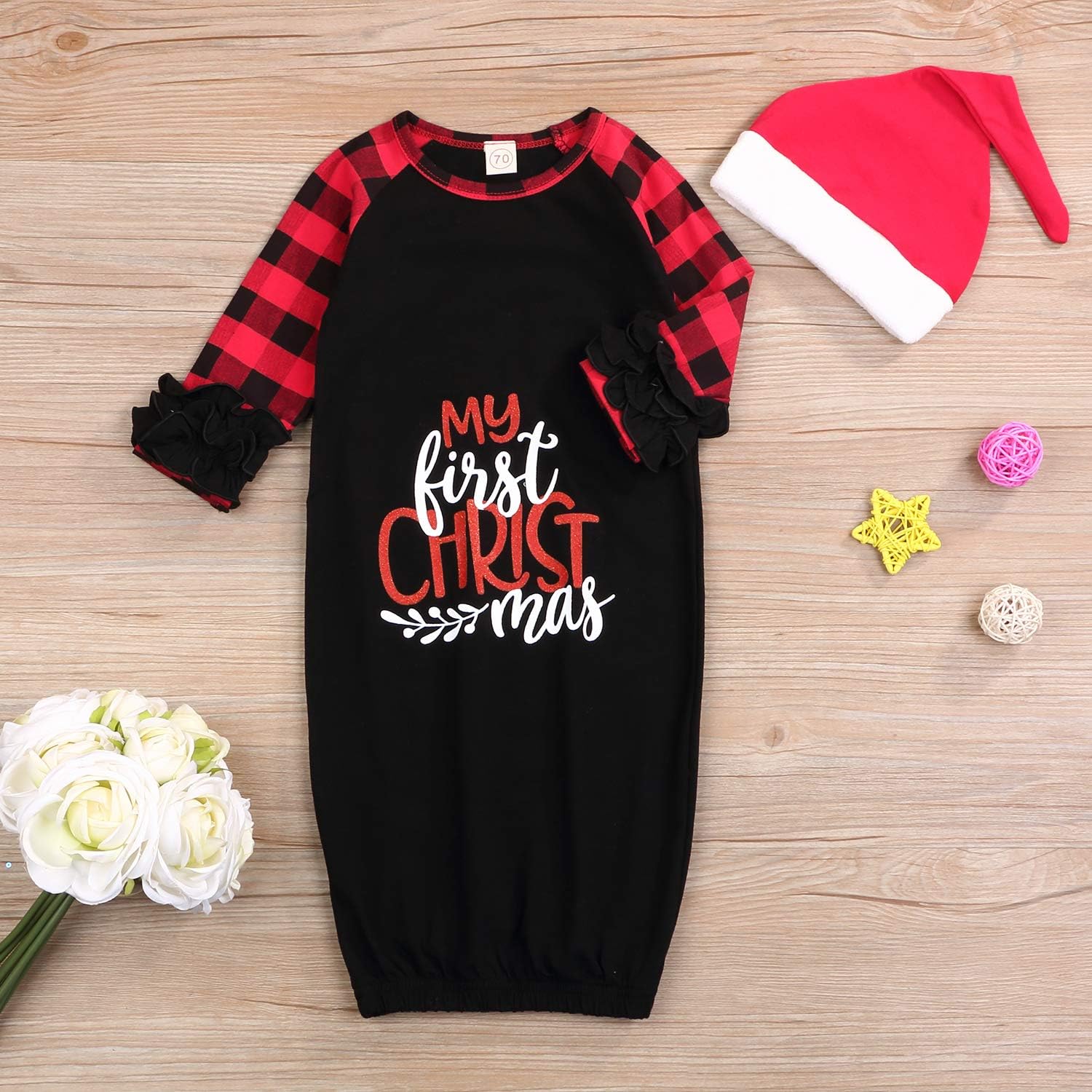 Newborn Baby boy Girl My First Christmas Sleeping Bag with hat Sleeper Nightgown Pajama Set Coming Home Outfit (Black&Red, 0-6 Months): Clothing