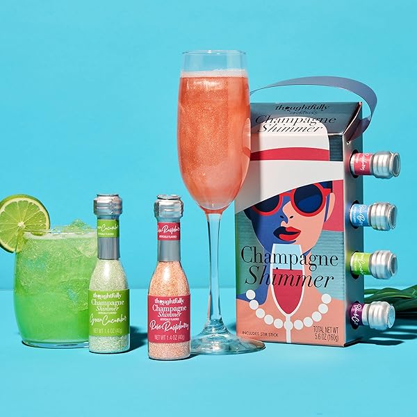 THOUGHTFULLY COCKTAILS, CHAMPAGNE SHIMMER GIFT SET, ADD SHIMMER TO CHAMPAGNE, PROSECCO OR CARBONATED BEVERAGES WITH RASPBERRY, BLUEBERRY, LIME, AND BLACKCURRANT COCKTAIL DRINK SHIMMERS, SET OF 4