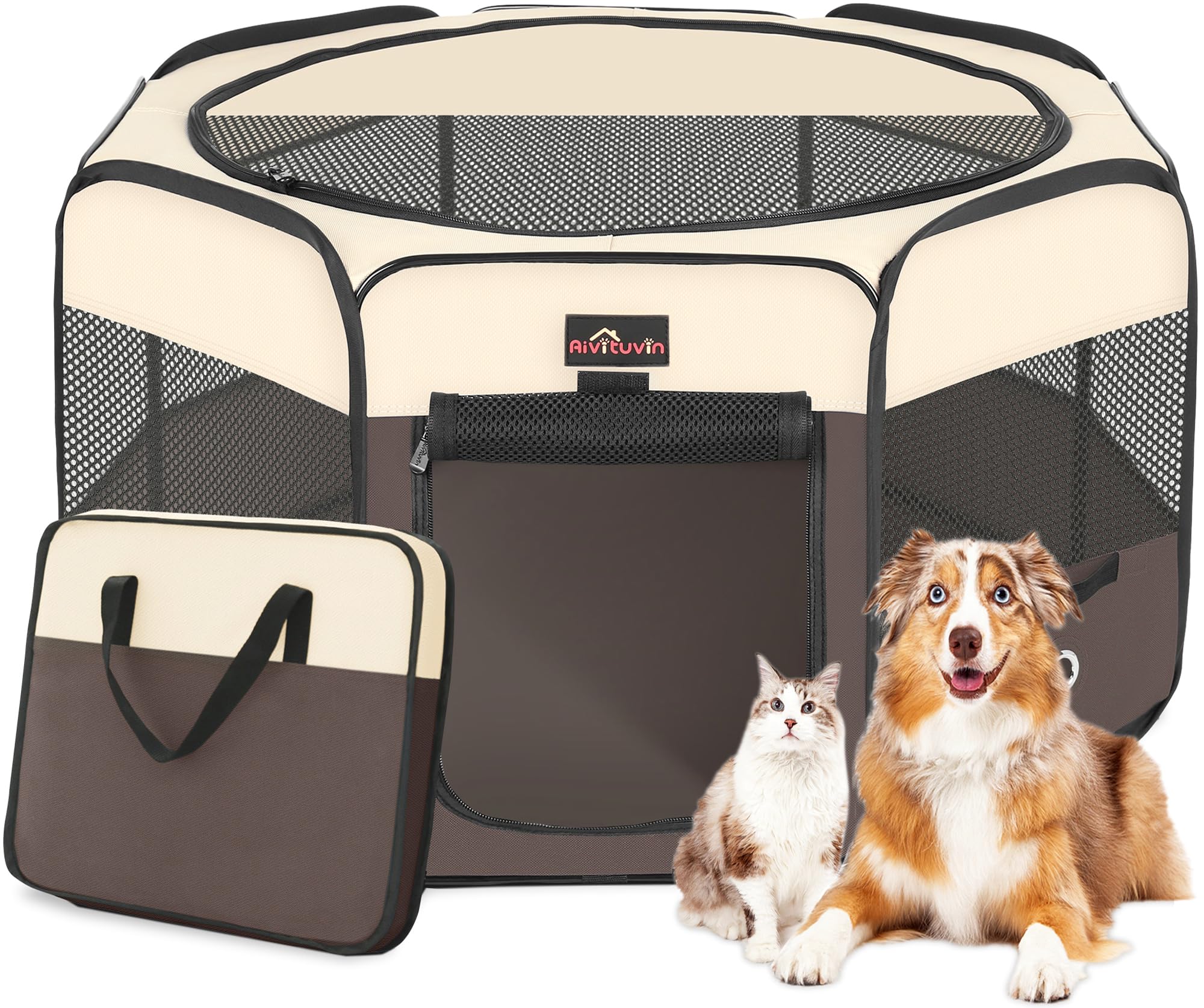 Aivituvin Dog Playpen, Foldable Pet Play Pens with Carrying Bag for Cat, Puppies, Rabbits, Portable Dog Tent Crates Cage for Travel Camping Indoor Outdoor, Removable Shade Cover, Brown L