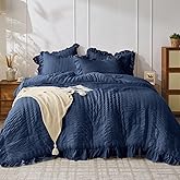 JOLLYVOGUE Navy Blue Twin Size Comforter Set, 2 Pieces Seersucker Lightweight Fluffy Bedding Set, Twin Ruffle Comforter, All Season Soft Microfiber Shabby Chic Bed Set