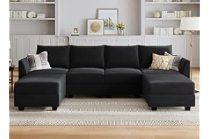 HONBAY Modular Sectional Sofa Convertible U Shaped Couch with Reversible Chaise Velvet Modular Sofa Sectional Couch with Storage Ottoman, Black