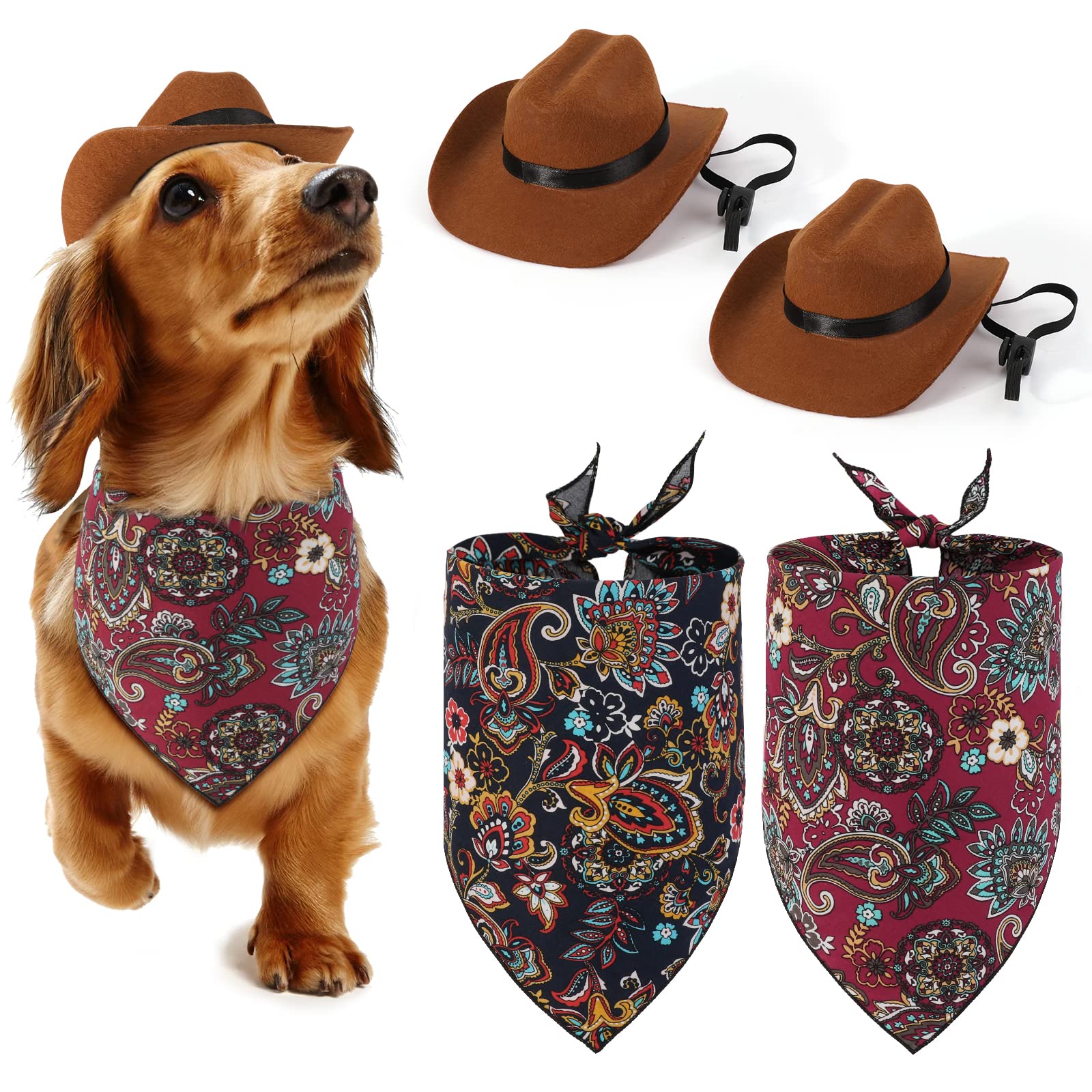 JUPSK Dogs Cats Cowboy Costume Hats and Bandanas Scarf Set of 4, Cowboy Caps and Triangle Scarves Accessories for Puppy Kitten, Party Festival and Daily Wearing Decoration