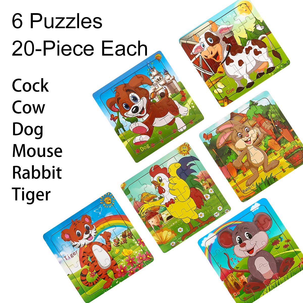 Dreampark Puzzles for Kids Ages 3-5, Wooden Jigsaw Animals Puzzles 20 Pieces Preschool Educational Learning Toys Set for Toddlers Boys and Girls (6 Pack)