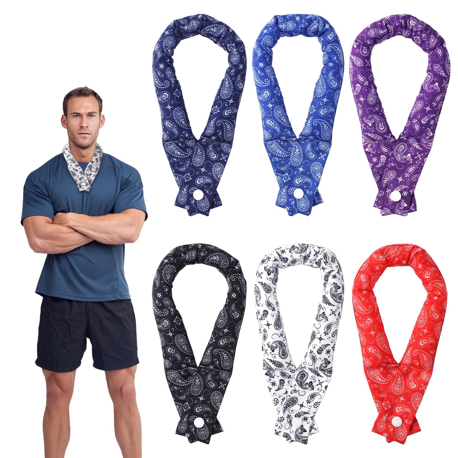 lasuroa 6pcs Cooling Neck Wraps, 24.8x1.97in Neck Cooler Bandanna with Button Neck Cooling Towel Ice Pack Cool Scarf Neck Wrap for Walking Riding Outdoor Hot Weather(Cashew flowers)