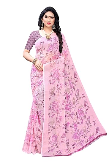 Womens Pink Chiffon Printed Saree With Blouse Piece (MAZE PINK_Free Size)