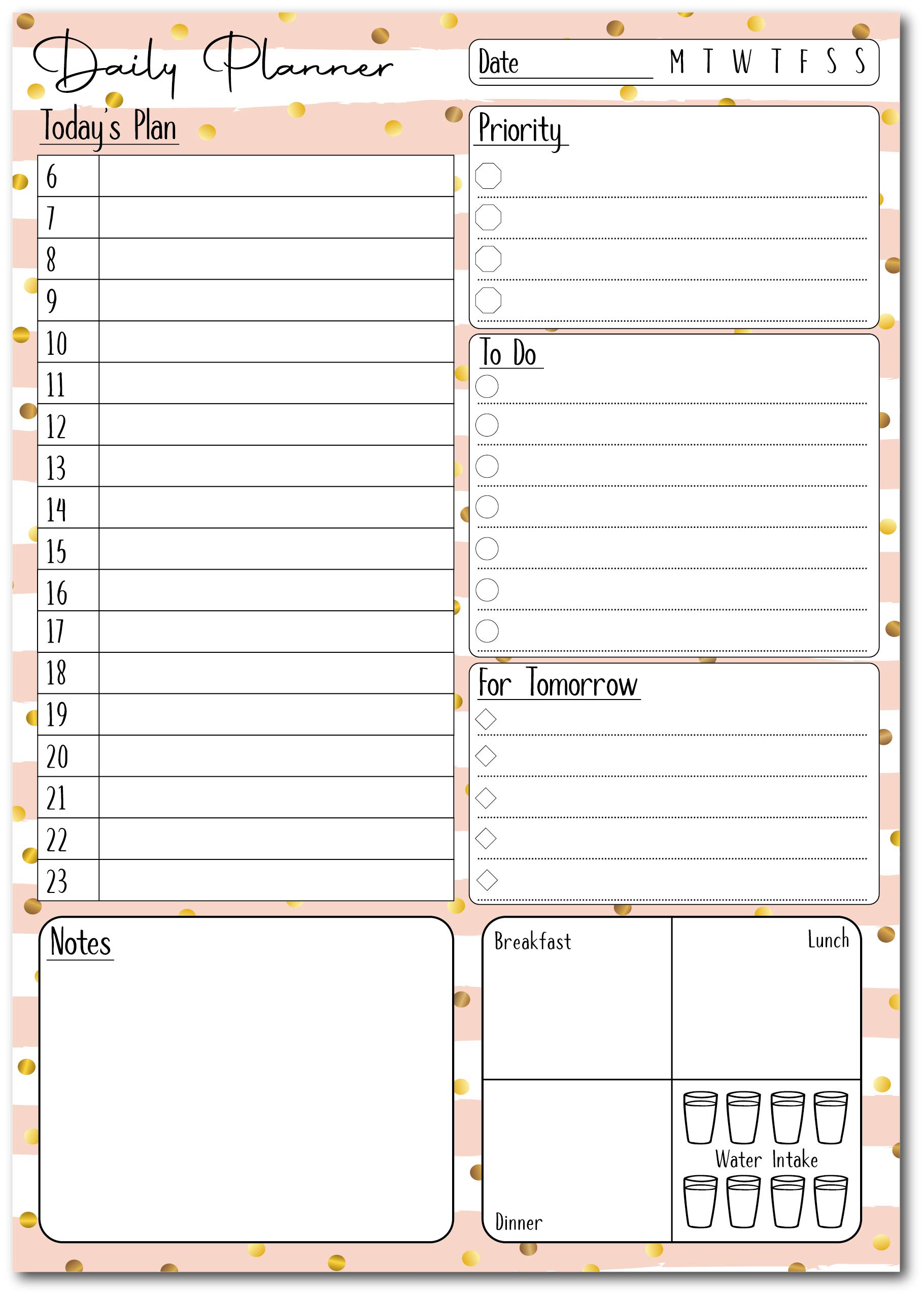 A5 Daily Planner 50 Sheet Note Pad with Schedule, Priority, To Do Lists, Doodle Notes & Meal Organiser (Rose Gold Stripes & Spots)