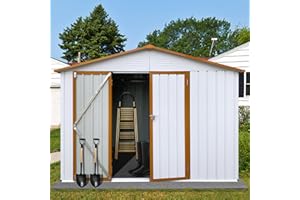 Zevemomo 8 x 6 ft Outdoor Storage Shed, All Weather Metal Sheds with Metal Foundation & Lockable Doors, Tool Shed Outdoor Storage for Garden, Patio, Backyard, Lawn, White and Yellow