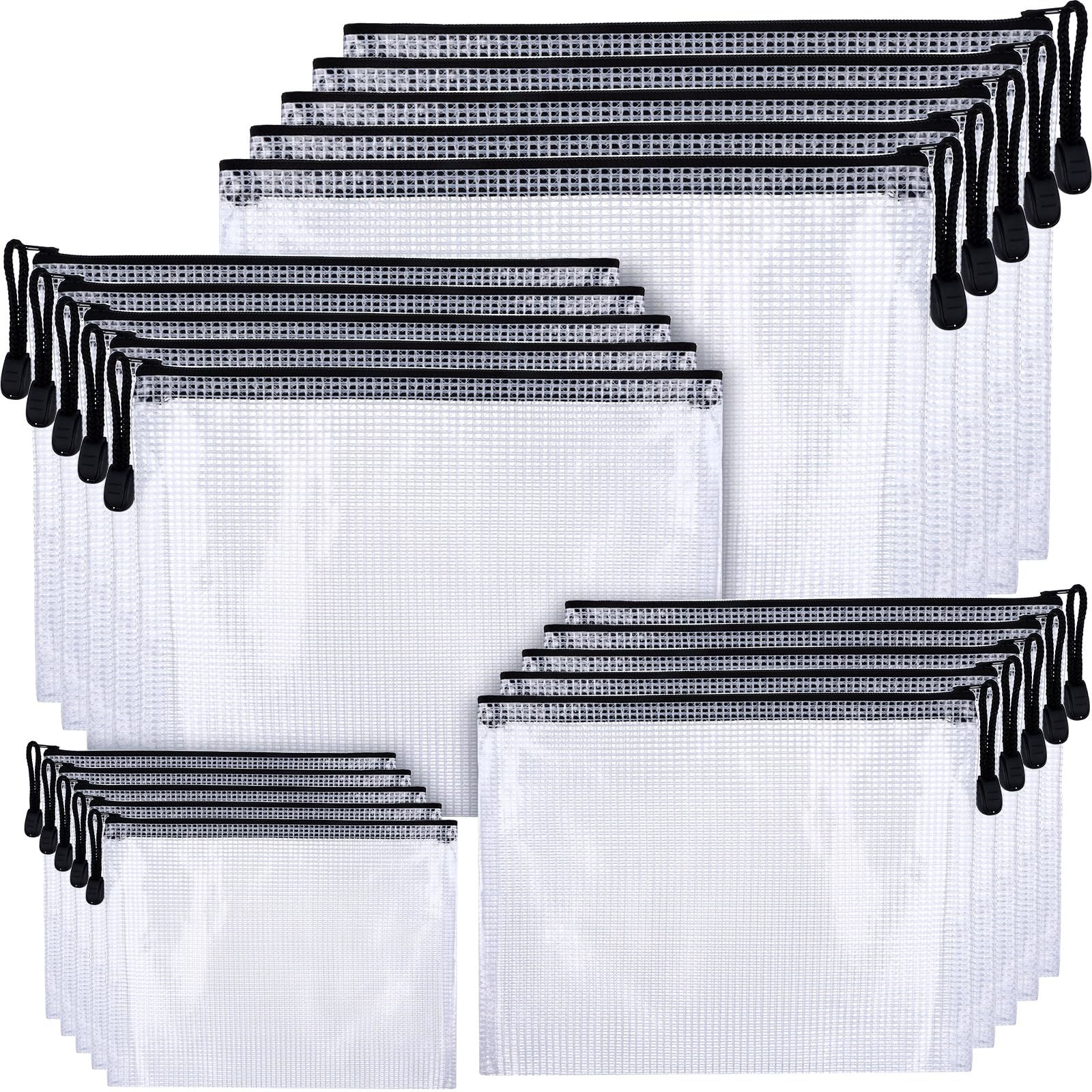 20PCS Plastic Zip Wallets Folders 4 Sizes Clear Mesh Zipper Pouch Zipper File Bags in A3 A4 A5 A6 Stationary Bag Organizer Carrier for School Office Travel Supplies (Black, A3+A4+A5+A6)