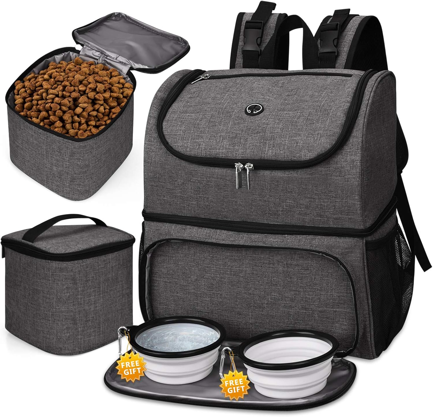 BAGLHER ?Pet Travel Bag, Double-Layer Pet Supplies Backpack (for All Pet Travel Supplies), Pet Travel Backpack with 2 Silicone Collapsible Bowls and 2 Food Baskets. (Patent Pending)