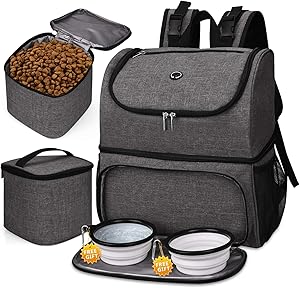 BAGLHER ?Pet Travel Bag, Double-Layer Pet Supplies Backpack (for All Pet Travel Supplies), Pet Travel Backpack with 2 Silicone Collapsible Bowls and 2 Food Baskets. (Patent Pending)