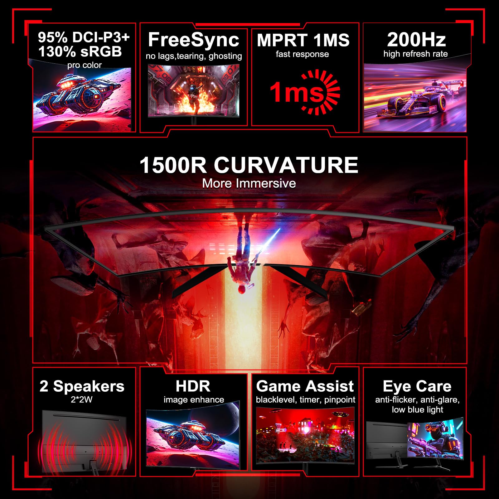 SANSUI 27 Inch Curved Gaming Monitor 200Hz 180Hz 1ms with Speakers FHD 1080P Computer Monitor FreeSync|1500R|130% sRGB|HDR|Low Blue Light|HDMI DP Ports|VESA Mount|Metal Stand(HDMI Cable Incl.)