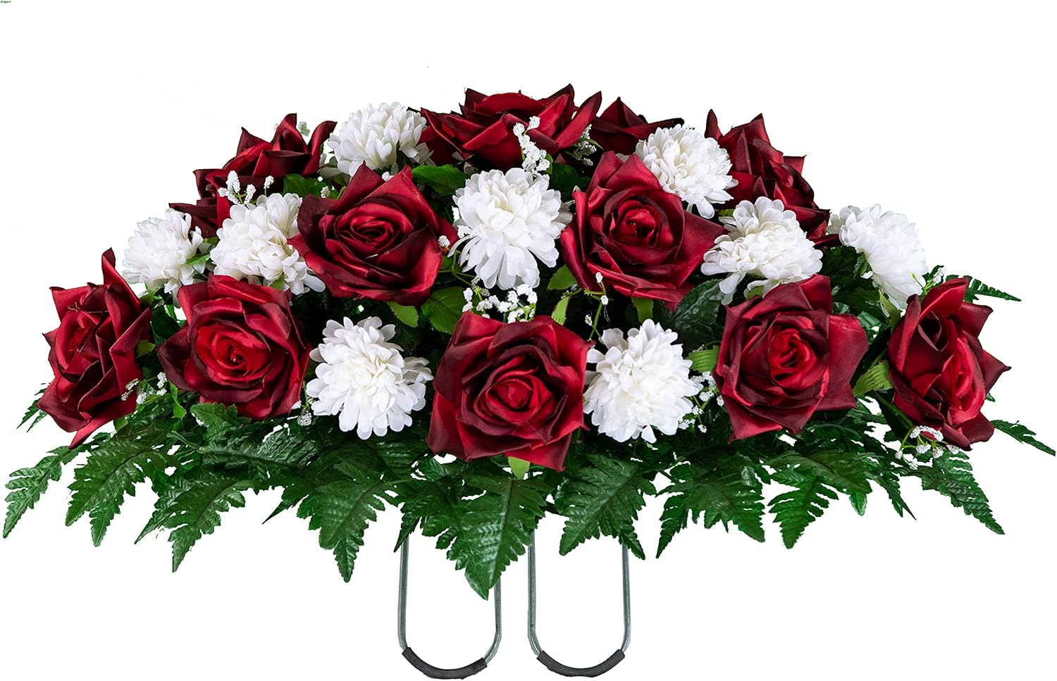 Amazon Com Sympathy Silks Artificial Cemetery Flowers Saddle Arrangement Red Rose White Mums Silk Fake Flowers For Outdoor Grave Decorations Non Bleed Colors Easy Fit Kitchen Dining