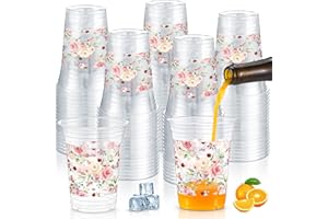 Jinei 60 Pcs Floral Plastic Cups 16 oz Wedding Flower Cups Disposable Flower Drinking Cups Bulk for Wedding Baby Shower Birthday Tea Party Favors Supplies