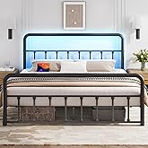 Fluest Queen Bed Frame with Headboard, Charging Station & LED Lights, Metal Platform Bed with Steel Slat Support, No Box Spring Needed, Under Bed Storage, Noise Free, Easy Assembly, Black