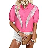 MYMORE Women's 2025 Puff Short Sleeve Western Cowgirl Button Down Shirt Sparkly Fringe Tops Nashville Country Concert Outfit